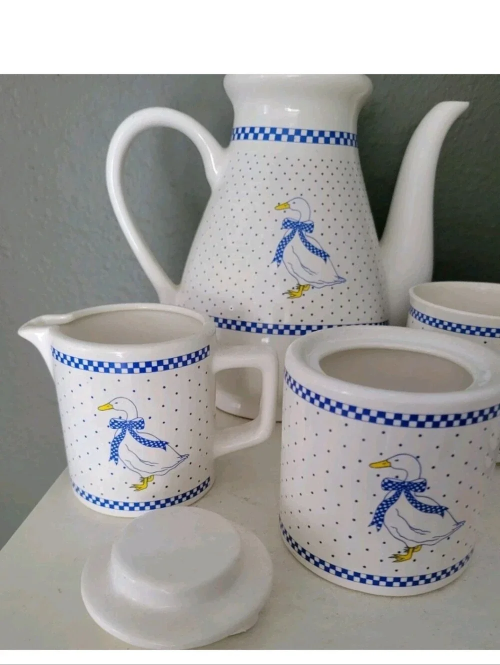 Vintage Blue Country Goose Tea Coffee Pitcher Mug Creamer Set Duck Cottagecore